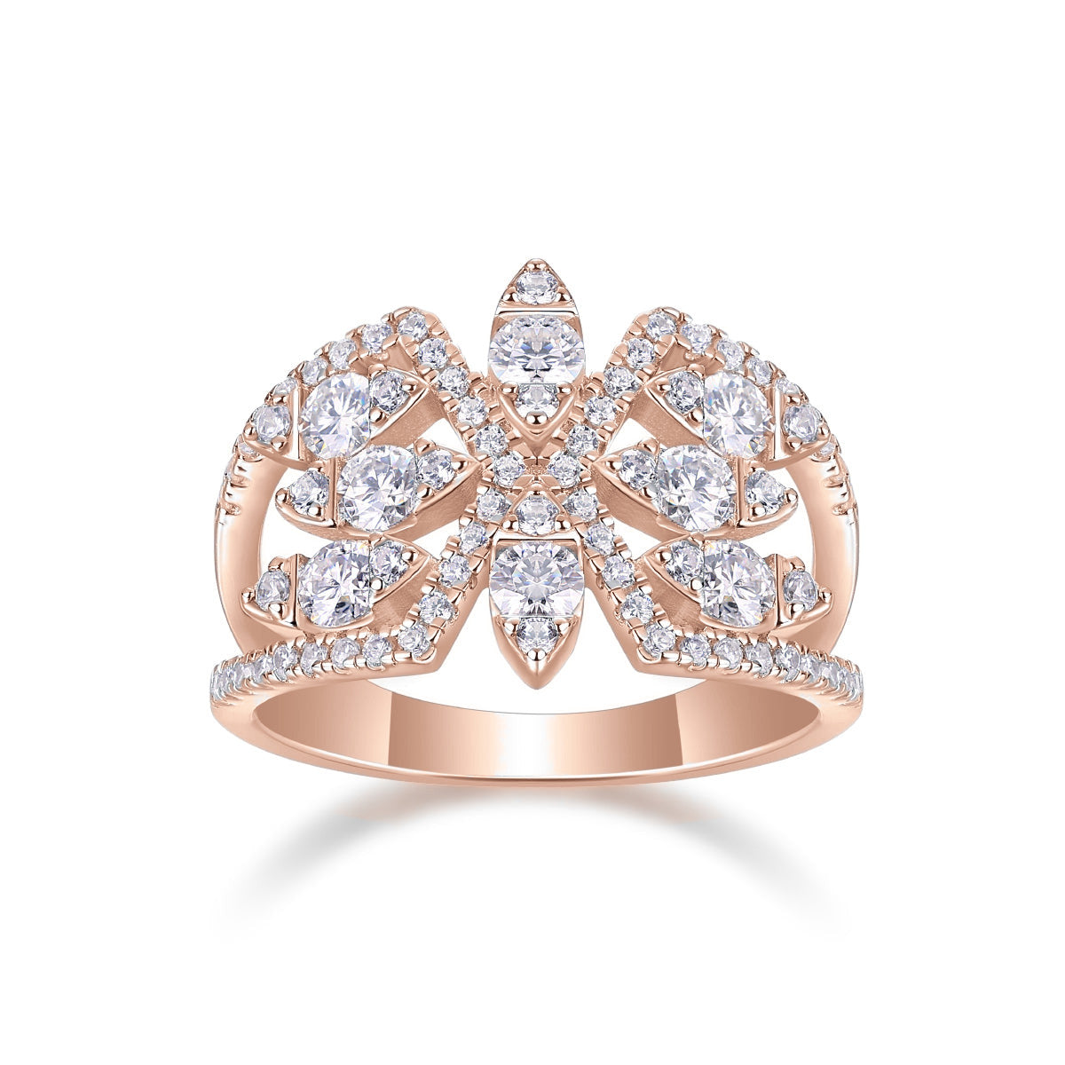 Gloria Moissanite Openwork Cocktail Ring in 18K rose gold plating, front view