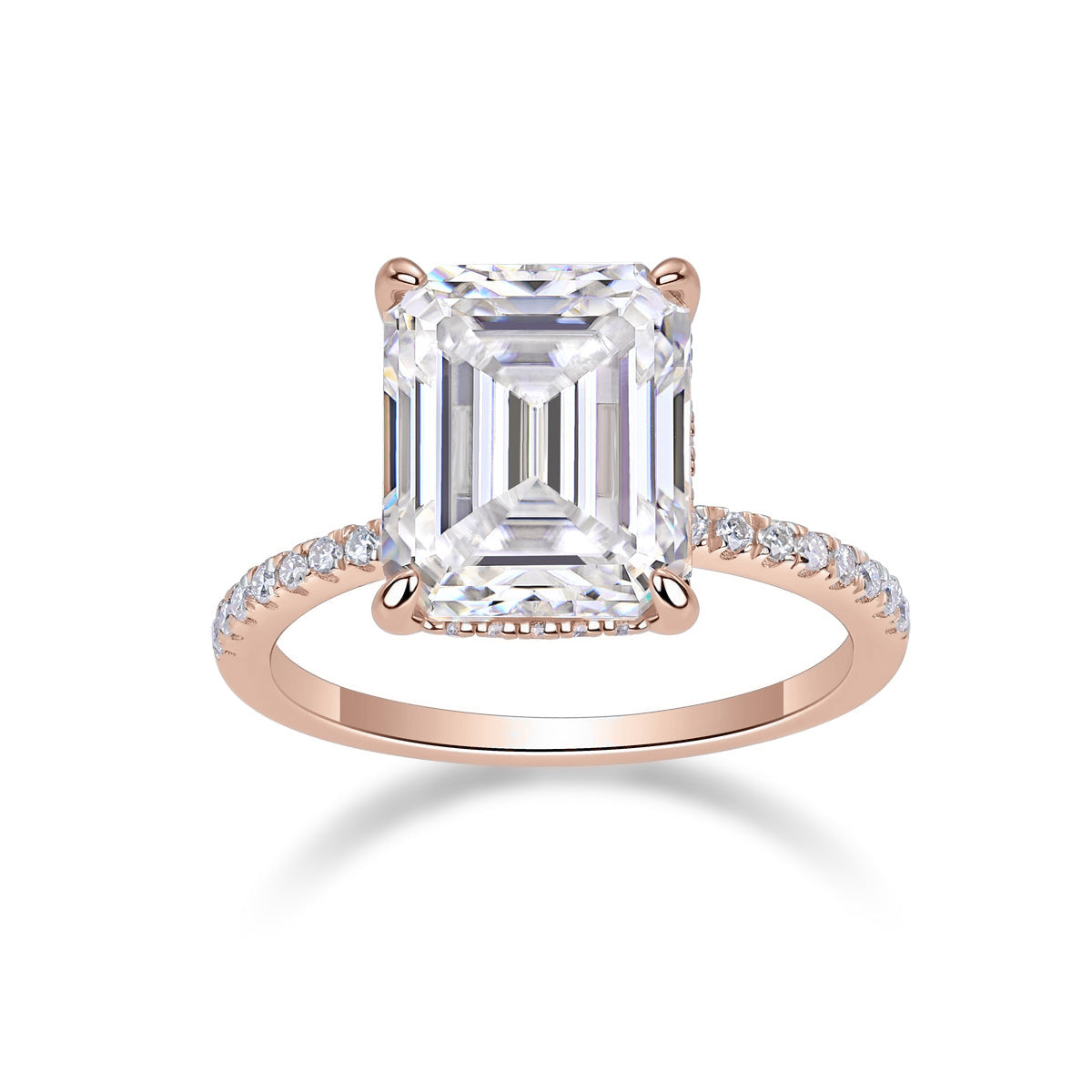Grace Emerald Cut Moissanite Hidden Halo Engagement Ring in 18K rose gold plating, front view