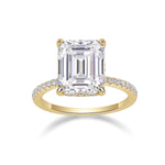 Grace Emerald Cut Moissanite Hidden Halo Engagement Ring in 18K yellow gold plating, front view