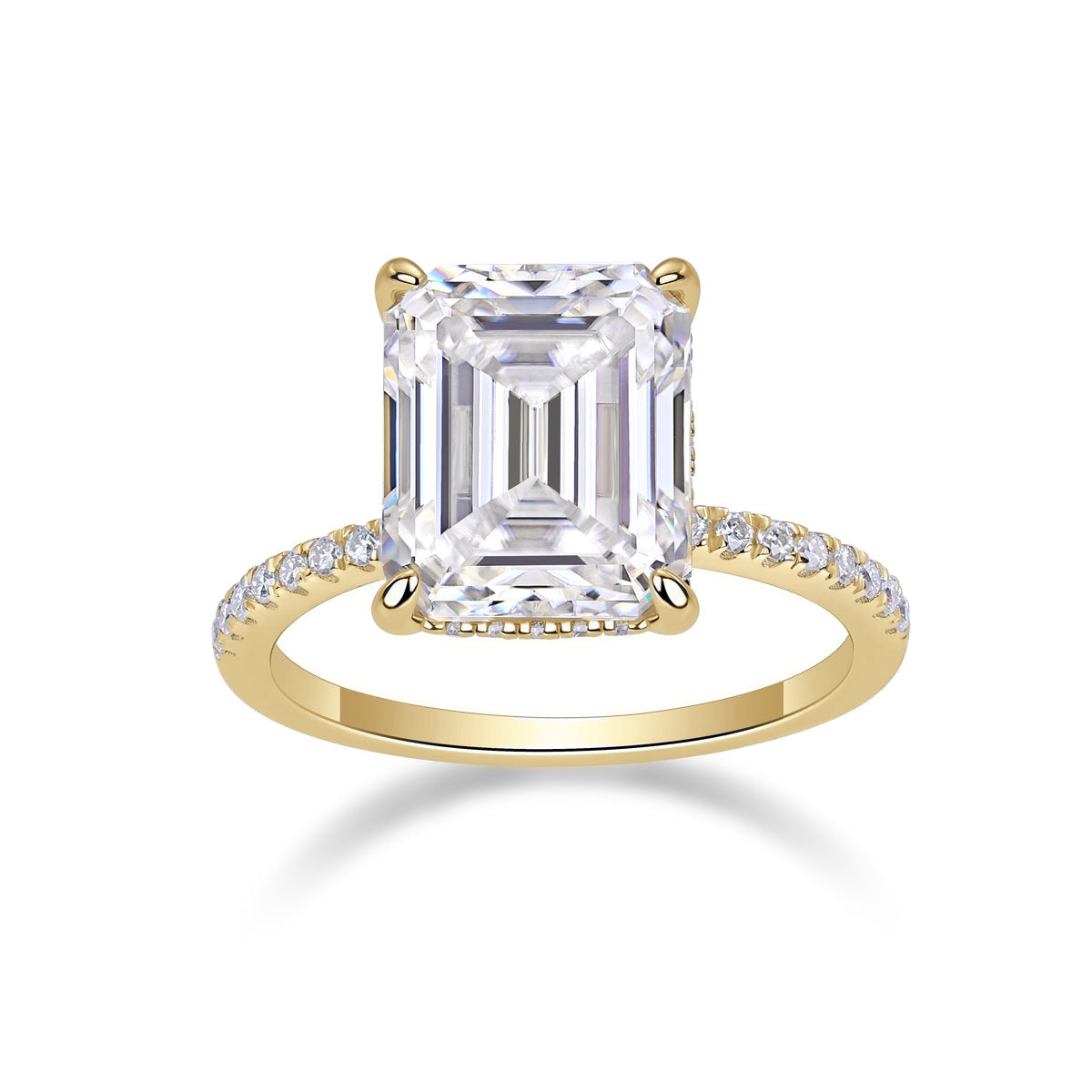 Grace Emerald Cut Moissanite Hidden Halo Engagement Ring in 18K yellow gold plating, front view