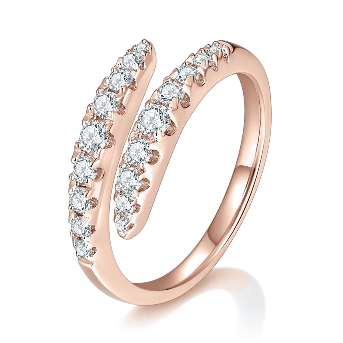 Greta Round Moissanite Bypass Ring in 18K rose gold plating, angled view