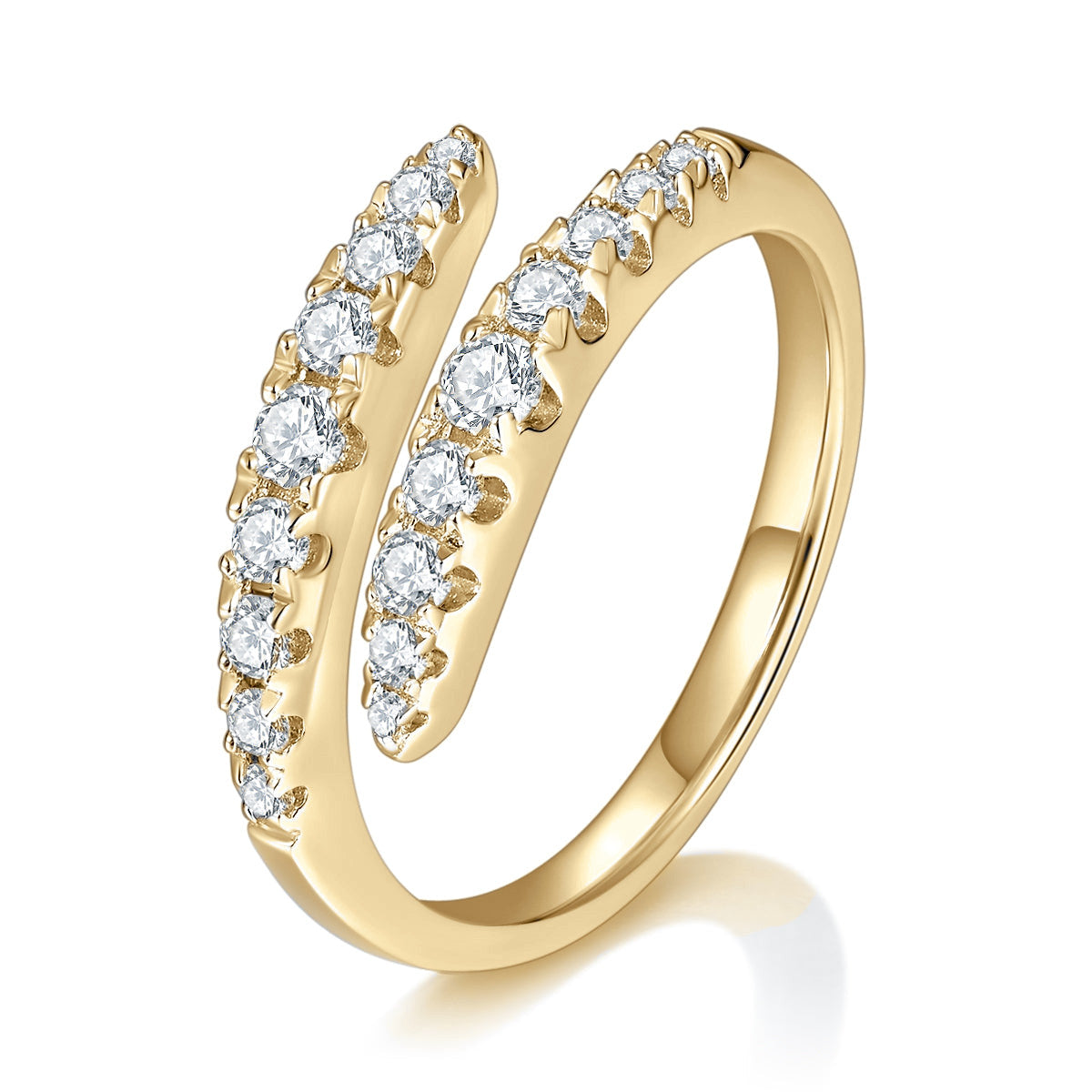 Greta Round Moissanite Bypass Ring in 18K yellow gold plating, angled view