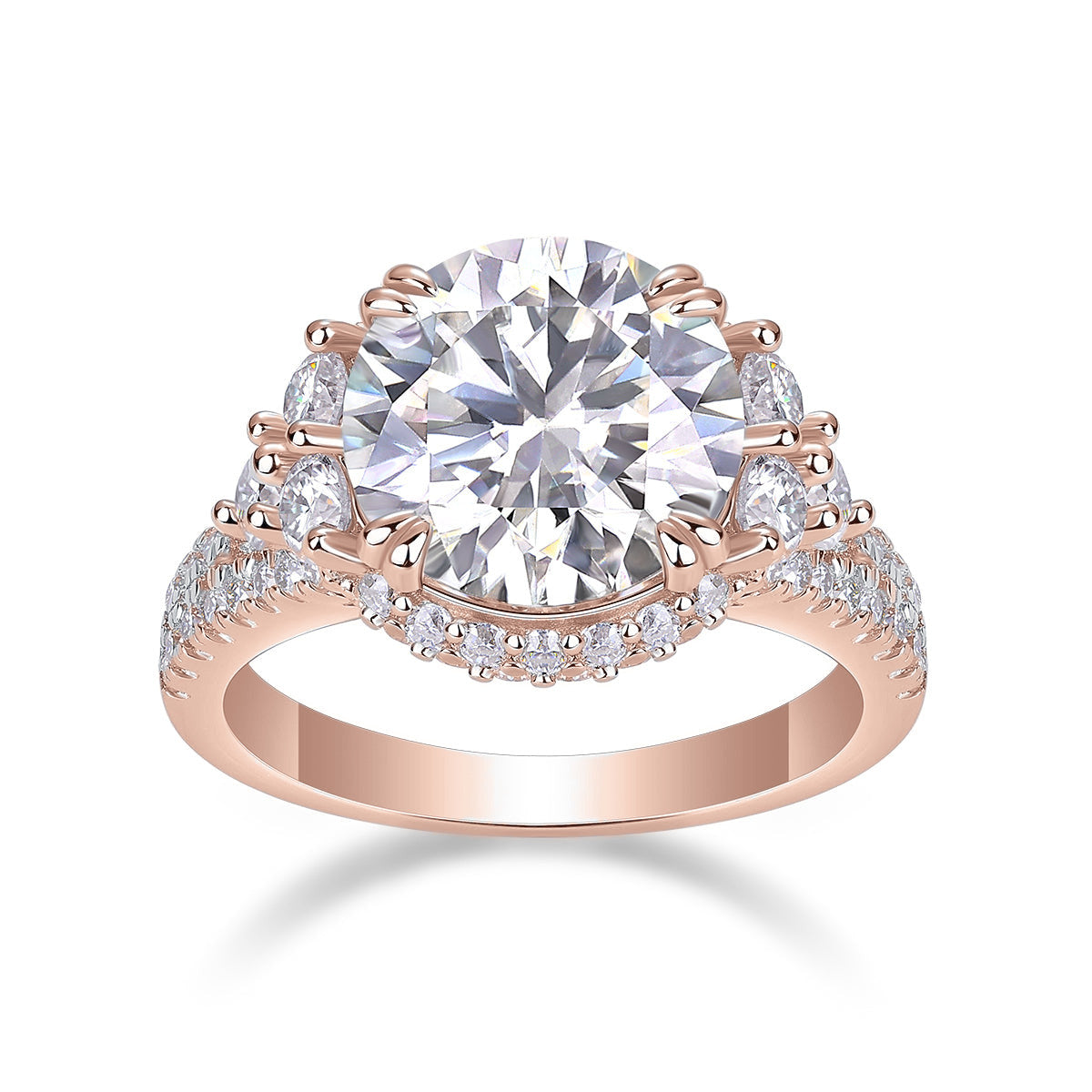 Hailey Round Moissanite Halo Engagement Ring in 18K rose gold plating, front view
