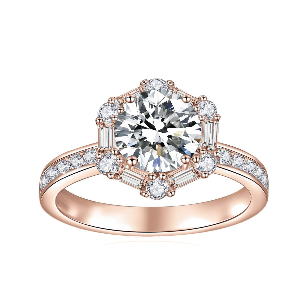 Hallie Round Moissanite Hexagon Halo Engagement Ring in 18K rose gold plating, front view