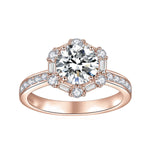 Hallie Round Moissanite Hexagon Halo Engagement Ring in 18K rose gold plating, front view