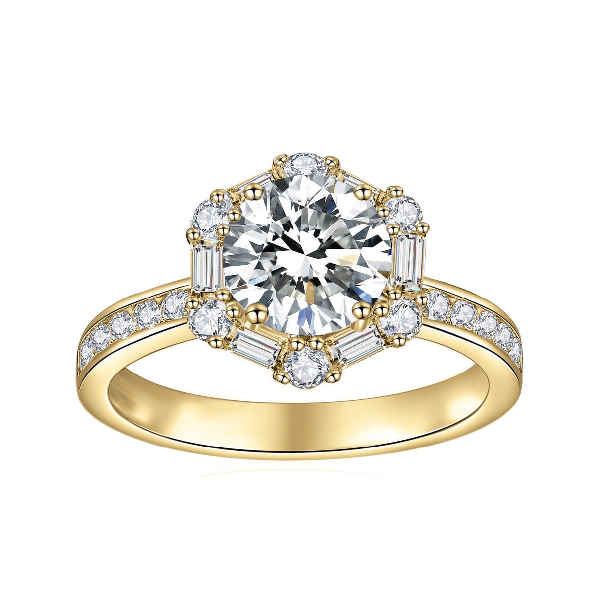 Hallie Round Moissanite Hexagon Halo Engagement Ring in 18K yellow gold plating, front view