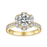 Hallie Round Moissanite Hexagon Halo Engagement Ring in 18K yellow gold plating, front view