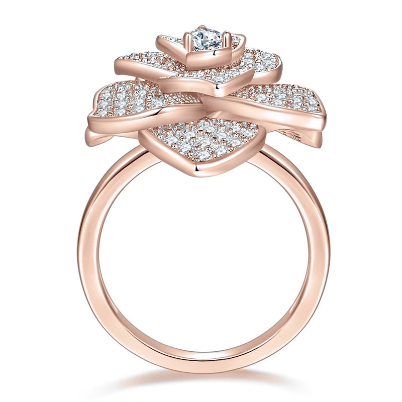 Hana Moissanite Pavé Flower Cocktail Ring in 18K rose gold plating, front view
