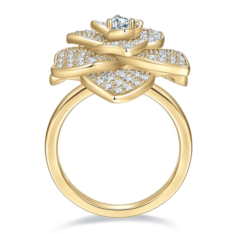 Hana Moissanite Pavé Flower Cocktail Ring in 18K yellow gold plating, front view