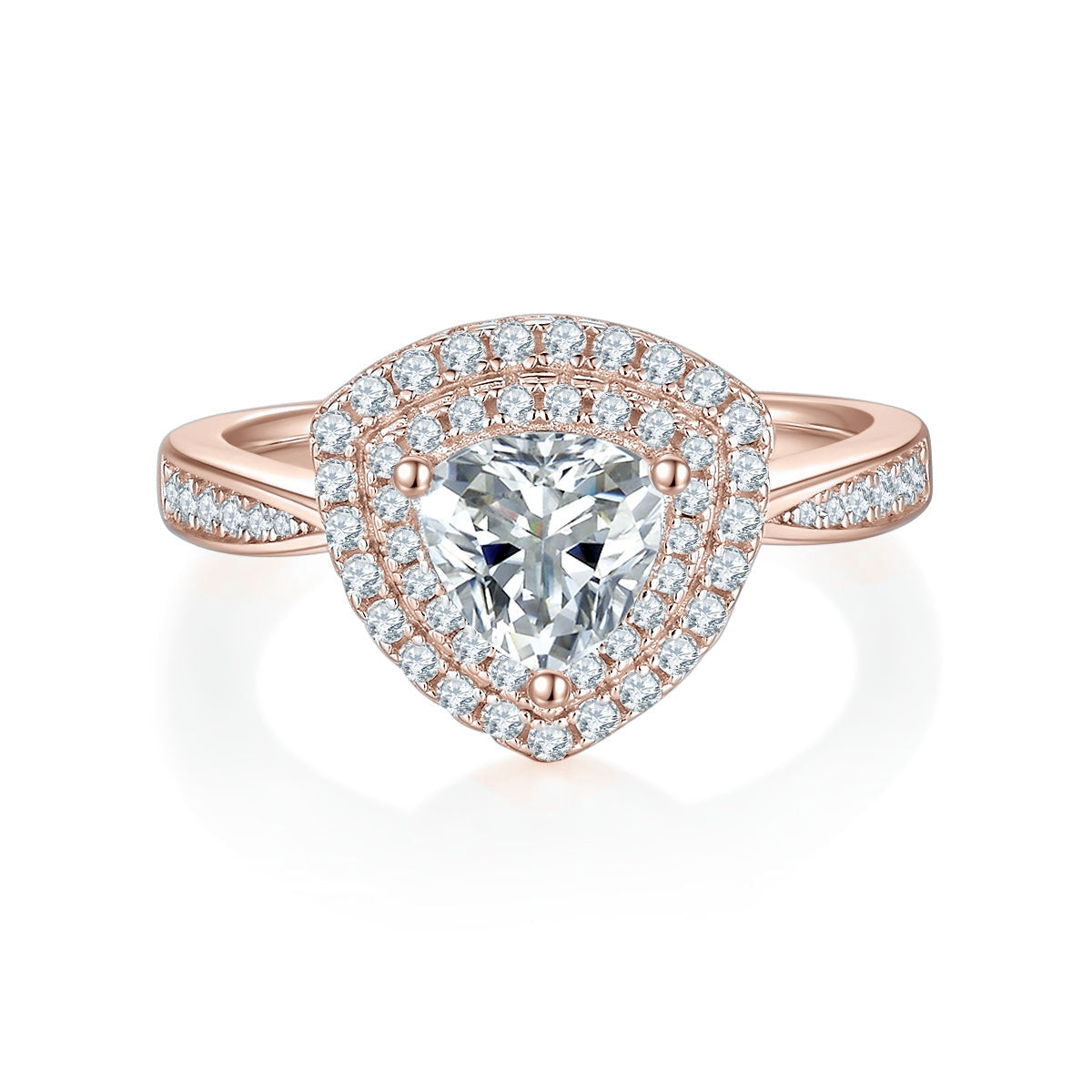 Harmony Trillion Moissanite Double Halo Engagement Ring in 18K rose gold plating, front view
