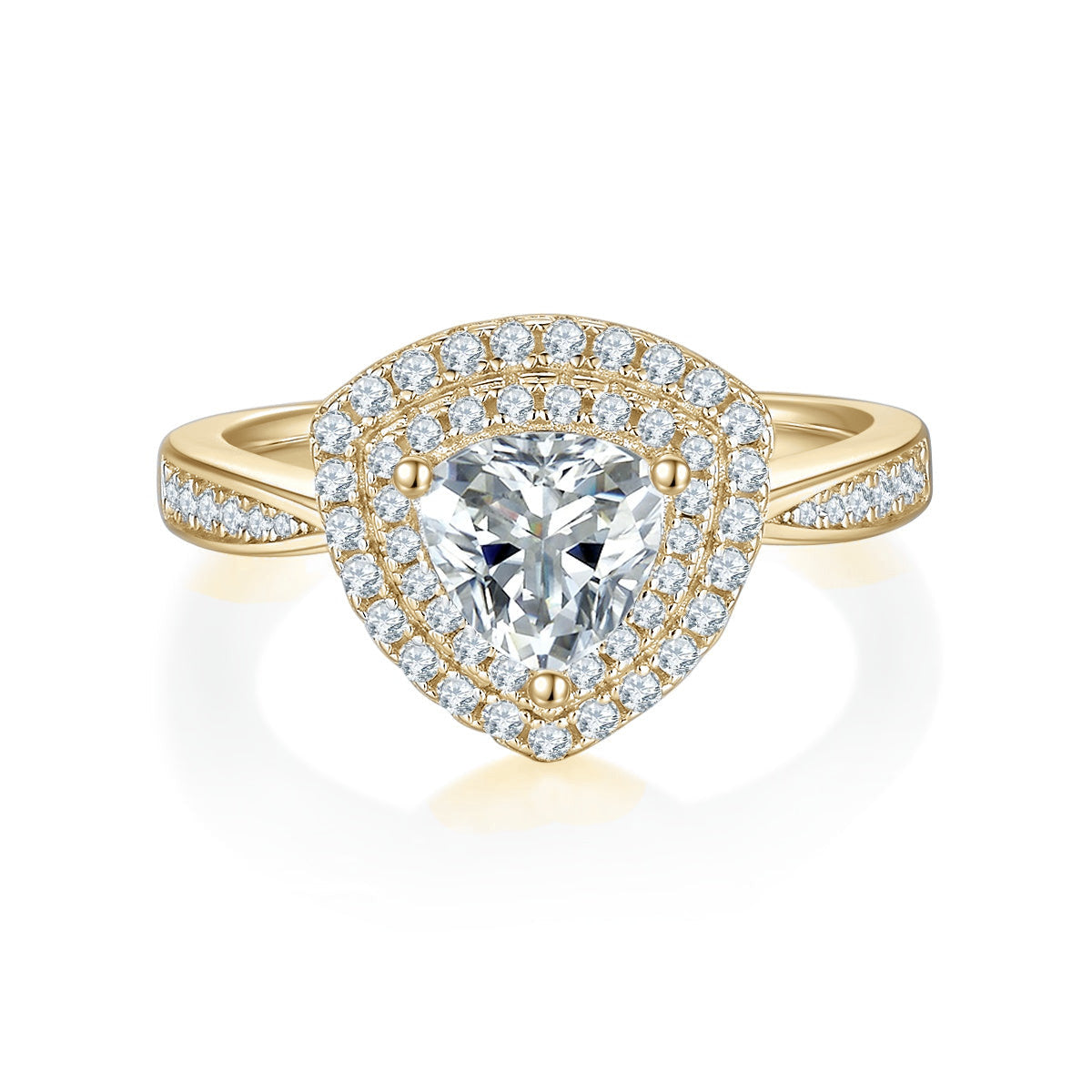 Harmony Trillion Moissanite Double Halo Engagement Ring in 18K yellow gold plating, front view