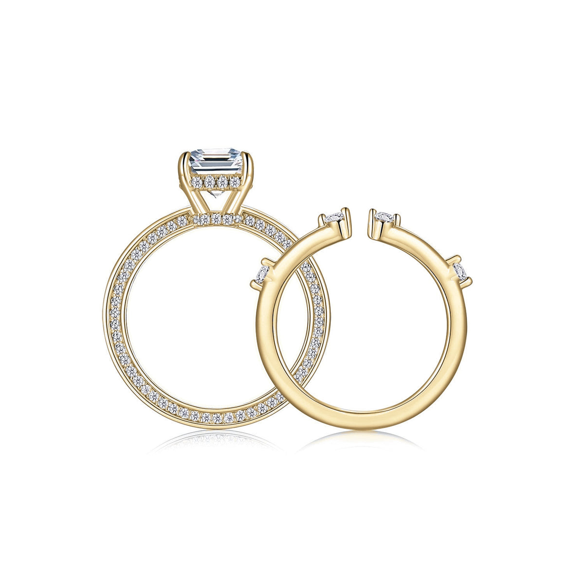 Harper Emerald Cut Moissanite Solitaire Bridal Set in 18K yellow gold plating, angled view
