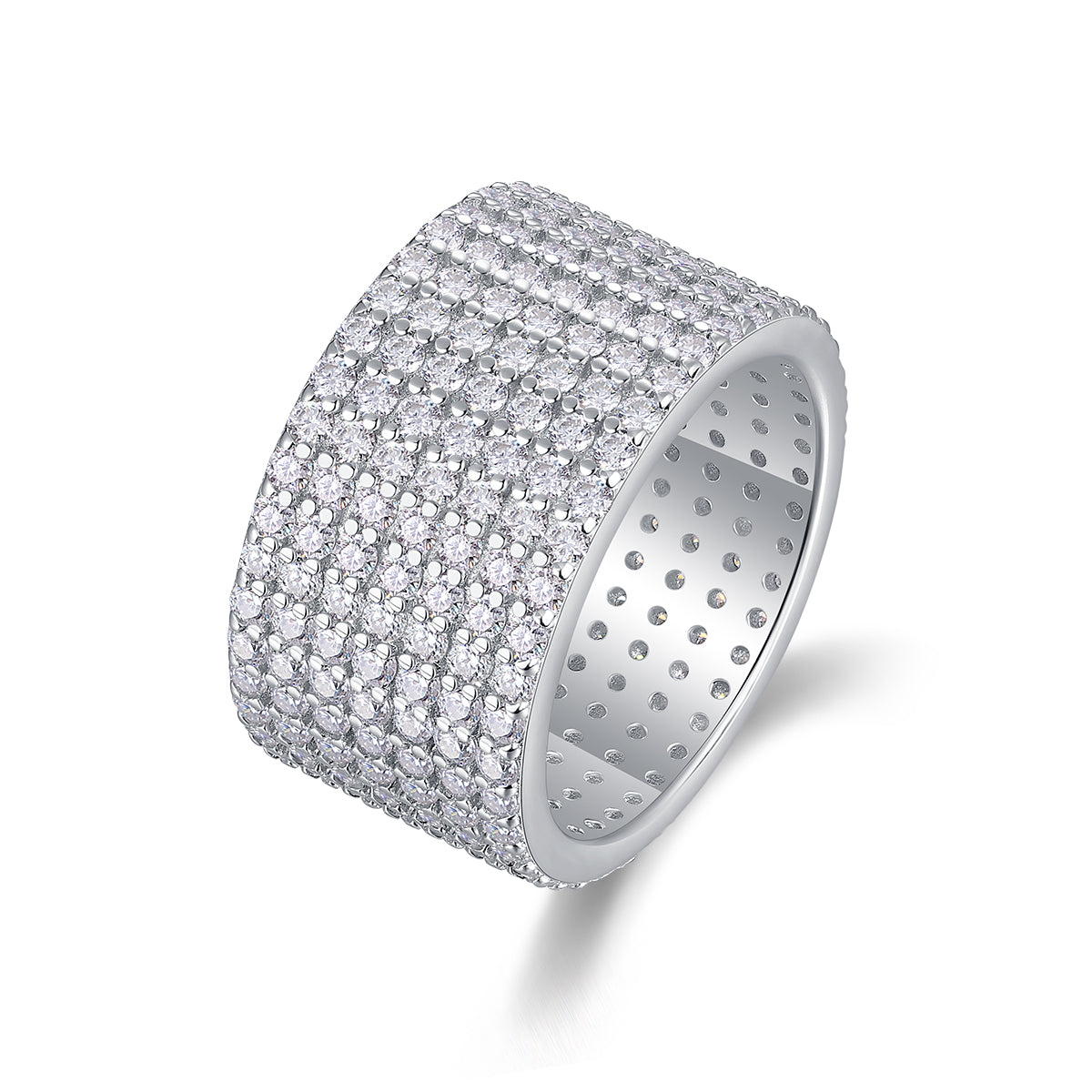 Harriet Moissanite Wide Pavé Eternity Band in 18K white gold plating, angled view