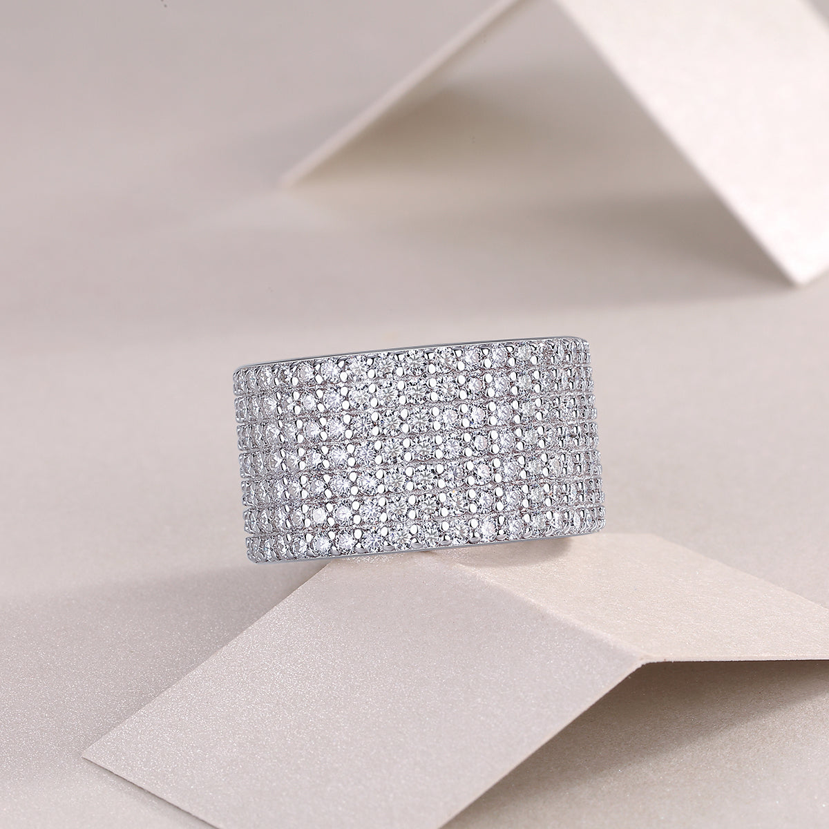 Harriet Moissanite Wide Pavé Eternity Band in 18K white gold plating, front view