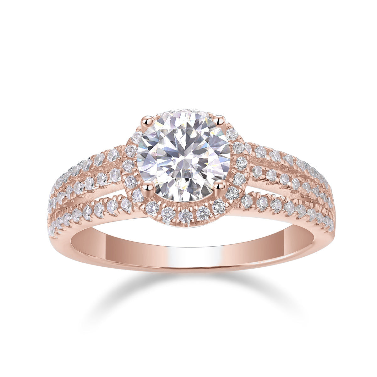 Heather Round Moissanite Halo Split Shank Engagement Ring in 18K rose gold plating, front view