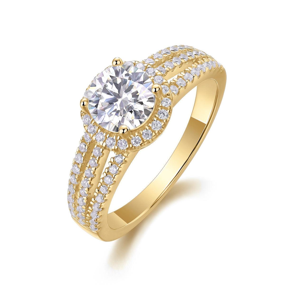 Heather Round Moissanite Halo Split Shank Engagement Ring in 18K yellow gold plating, angled view