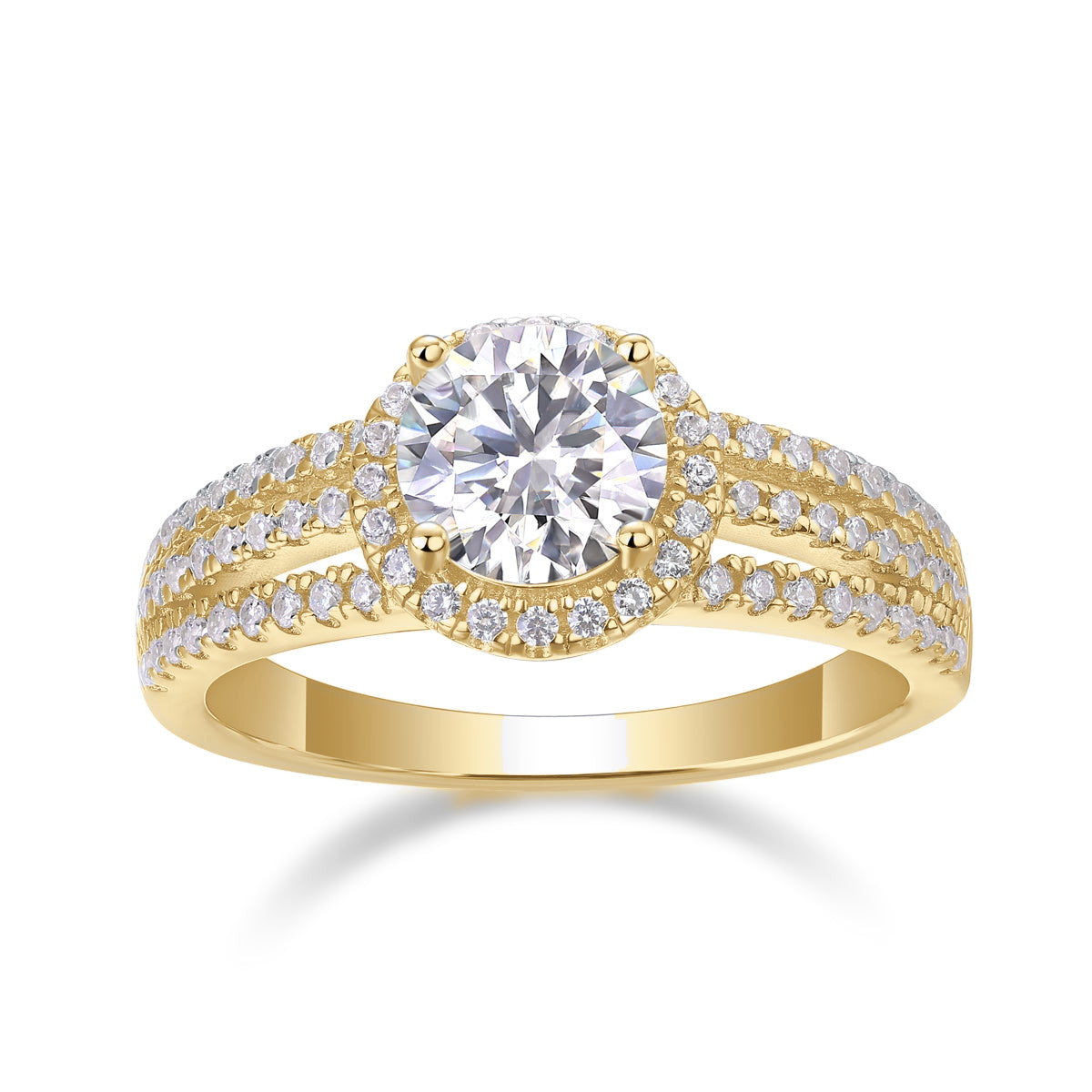 Heather Round Moissanite Halo Split Shank Engagement Ring in 18K yellow gold plating, front view