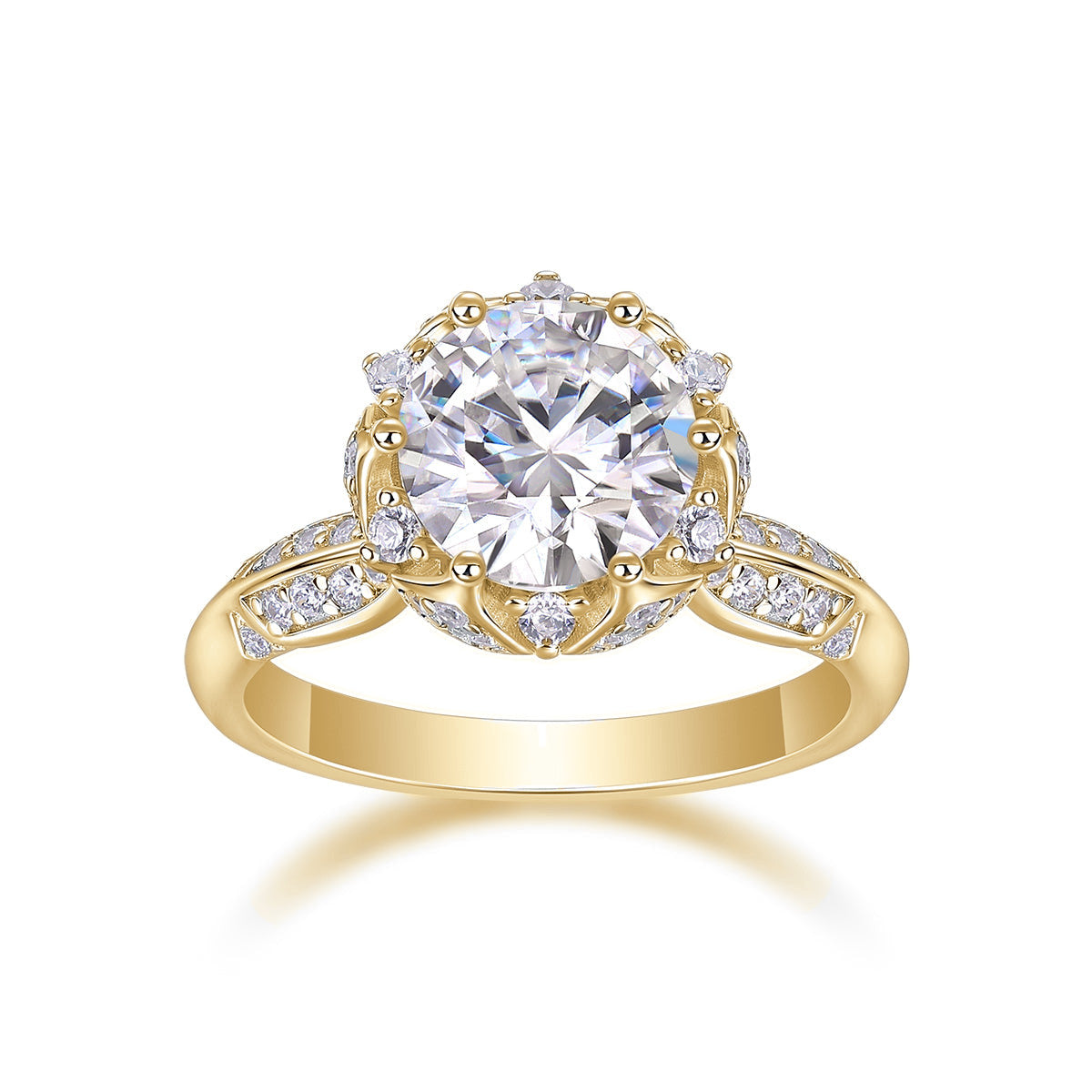 Honor Round Moissanite Floral Halo Engagement Ring in 18K yellow gold plating, front view