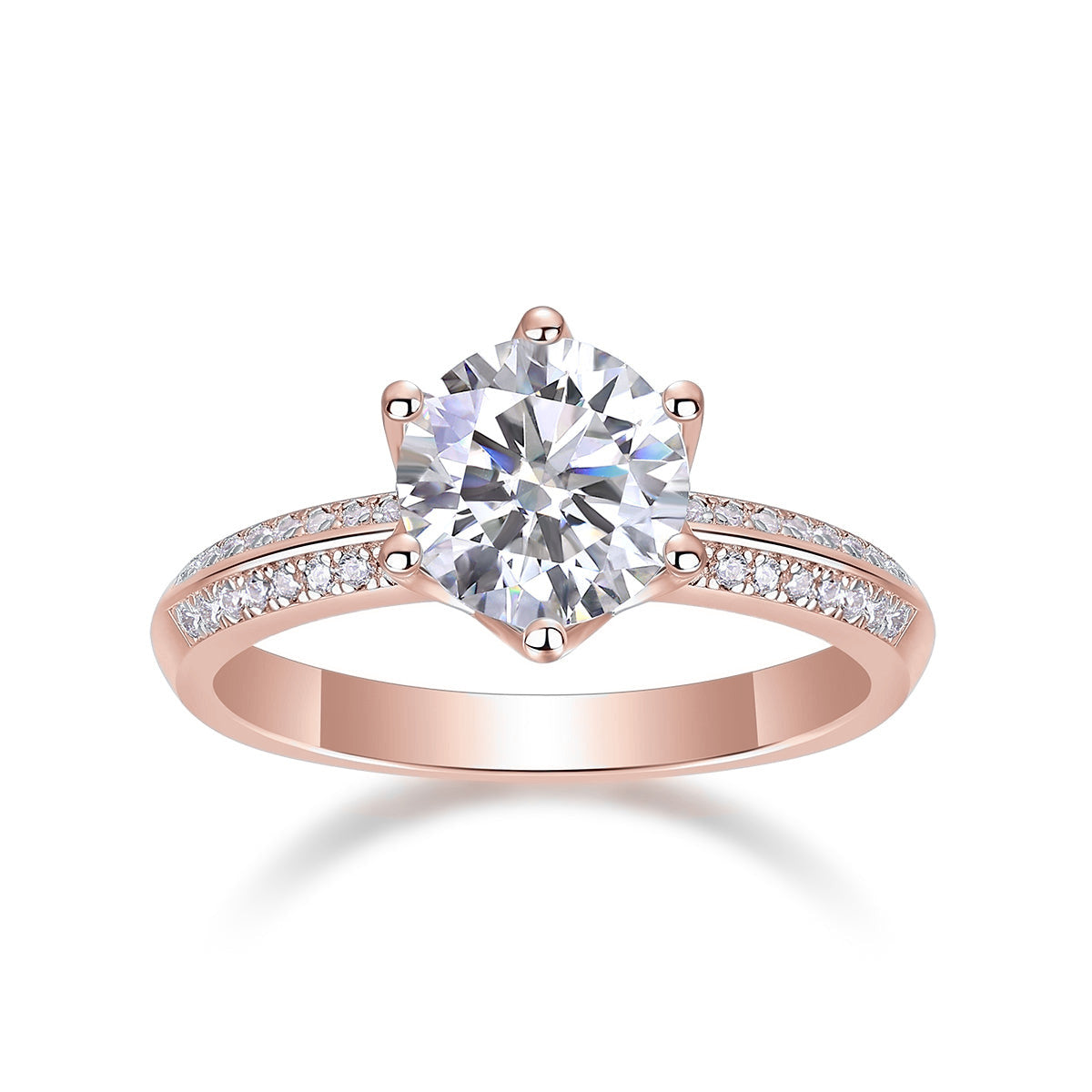 Ida Round Moissanite Solitaire Engagement Ring in 18K rose gold plating, front view