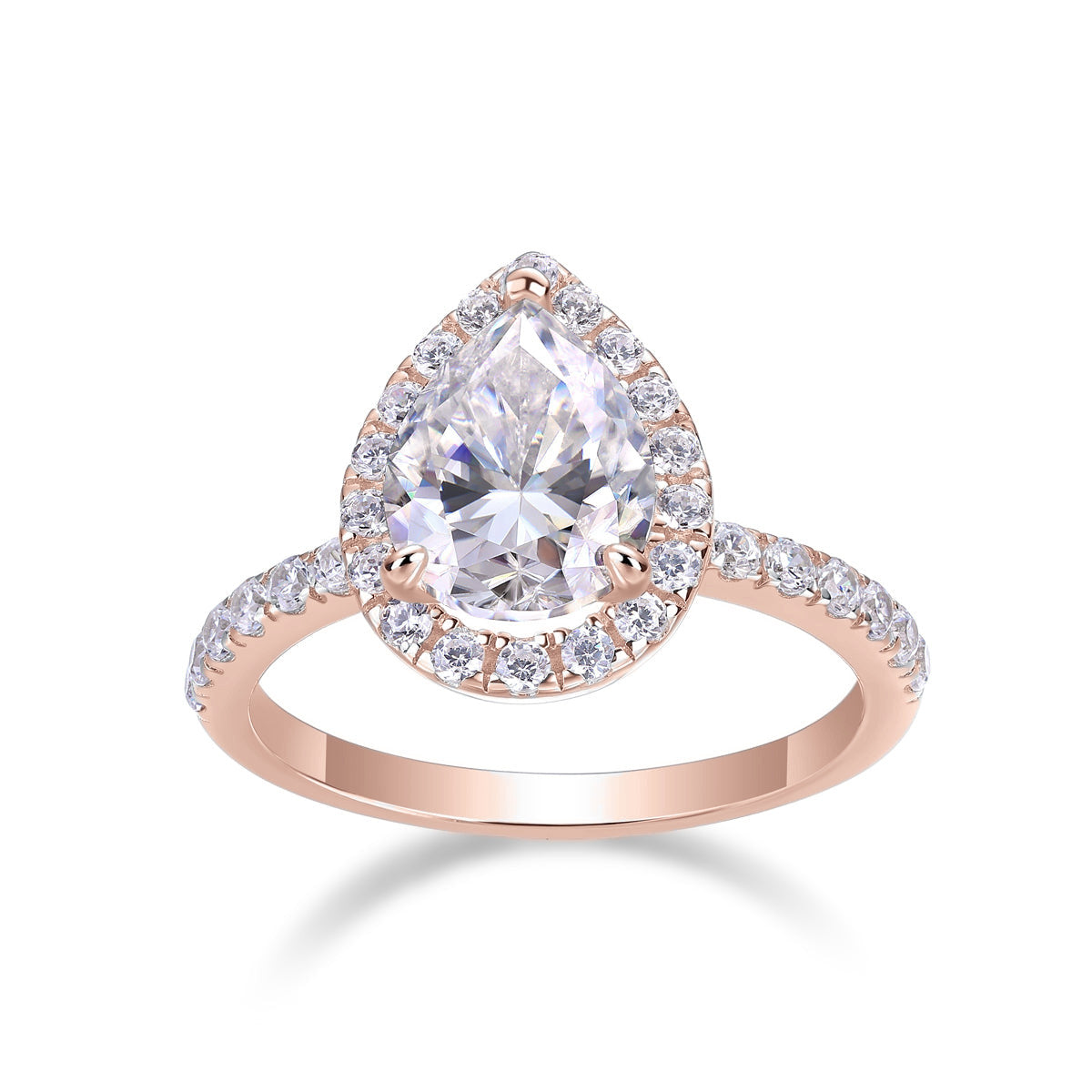 Imogen Pear Moissanite Halo Engagement Ring in 18K rose gold plating