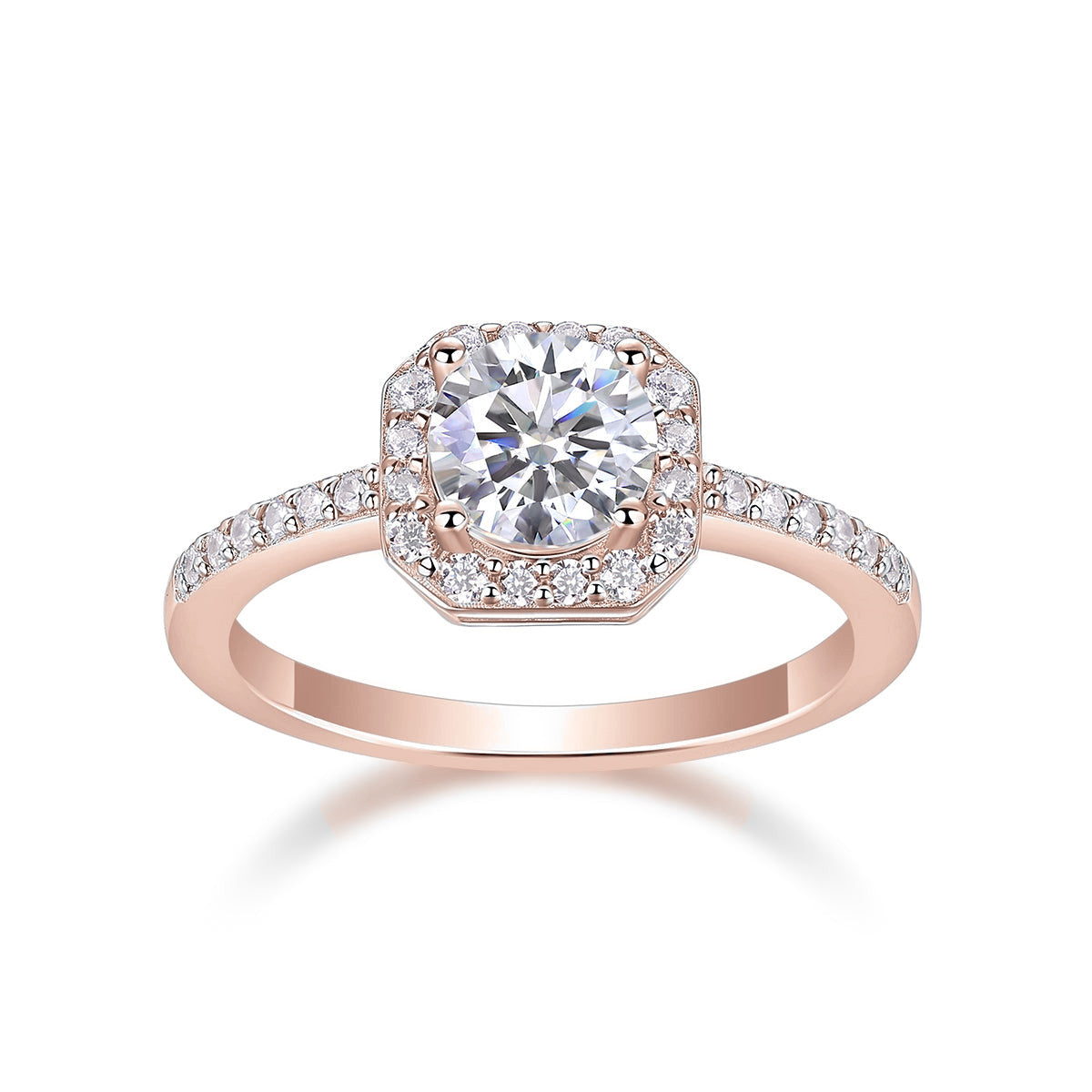 India Round Moissanite Octagon Halo Engagement Ring in 18K rose gold plating, front view
