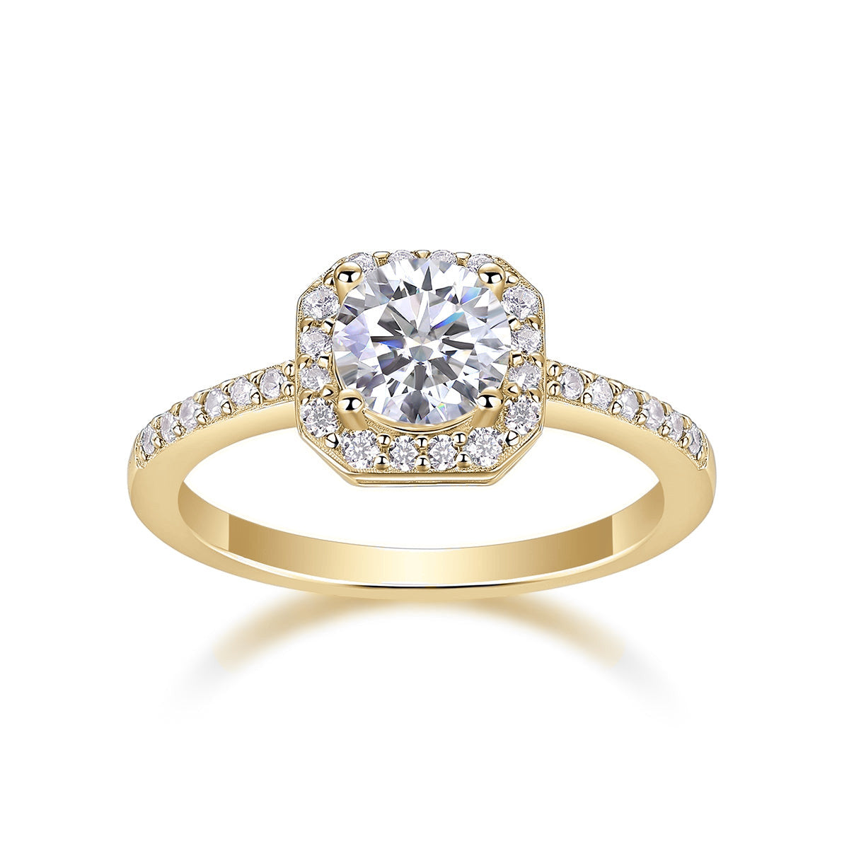 India Round Moissanite Octagon Halo Engagement Ring in 18K yellow gold plating, front view