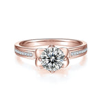 Inez Round Moissanite Vintage Scroll Engagement Ring in 18K rose gold plating, front view