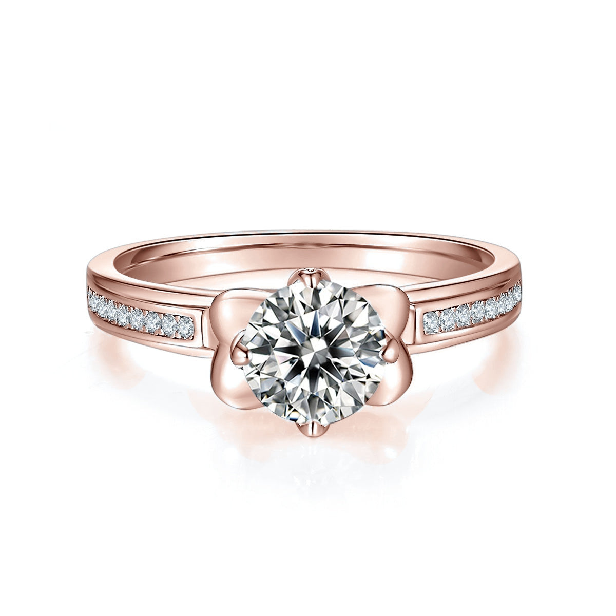 Inez Round Moissanite Vintage Scroll Engagement Ring in 18K rose gold plating, front view