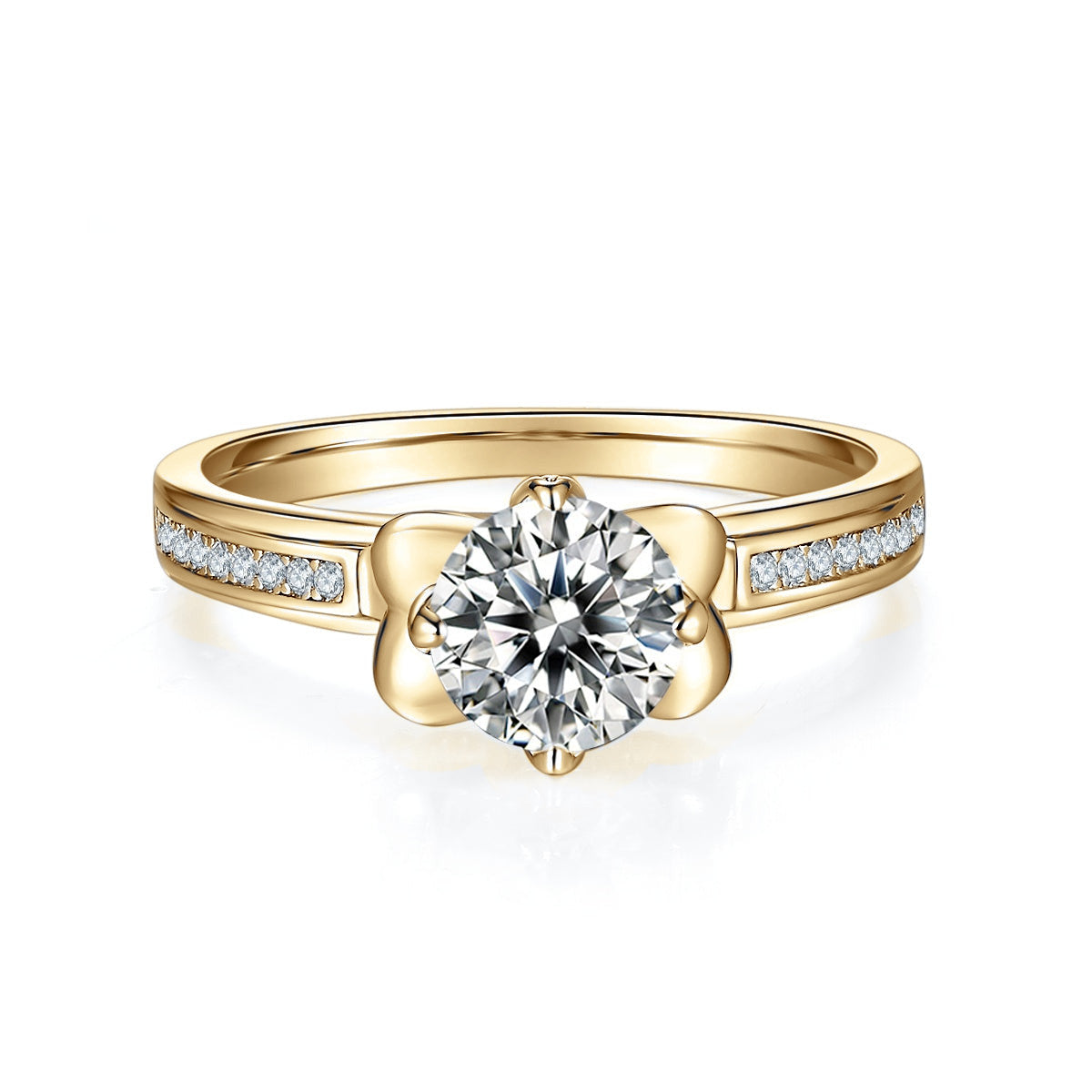 Inez Round Moissanite Vintage Scroll Engagement Ring in 18K yellow gold plating, front view