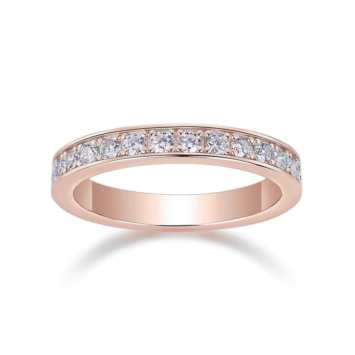 Ingrid Round Moissanite Channel Half Eternity Band in 18K rose gold plating, angled view