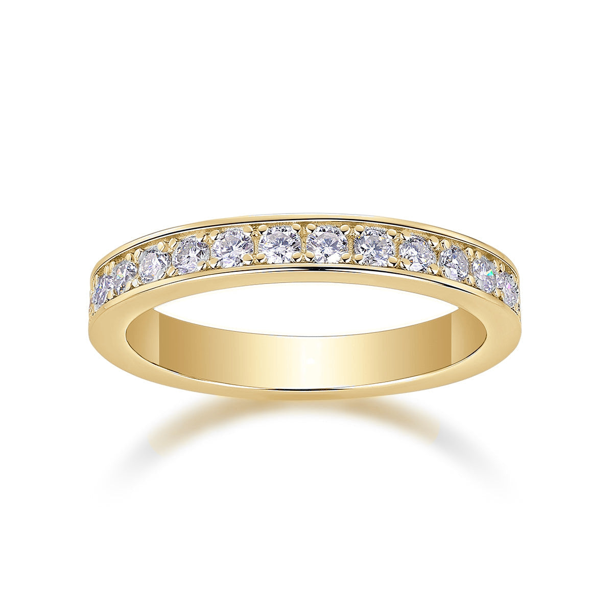Ingrid Round Moissanite Channel Half Eternity Band in 18K yellow gold plating, angled view