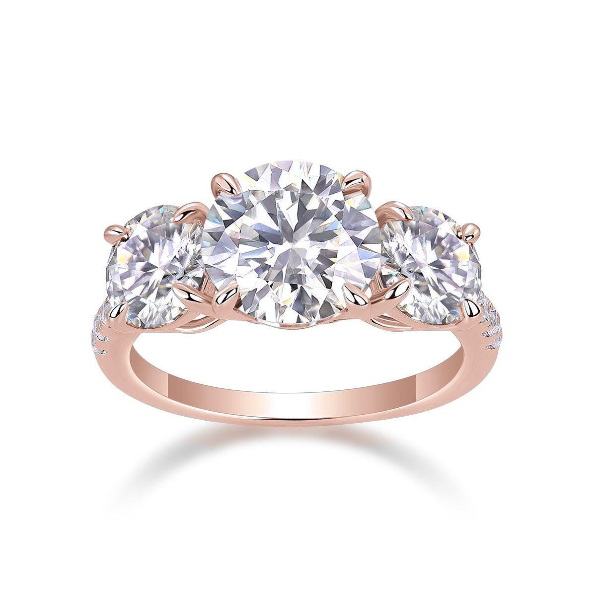 Irene Round Moissanite Three Stone Engagement Ring in 18K rose gold plating, front view