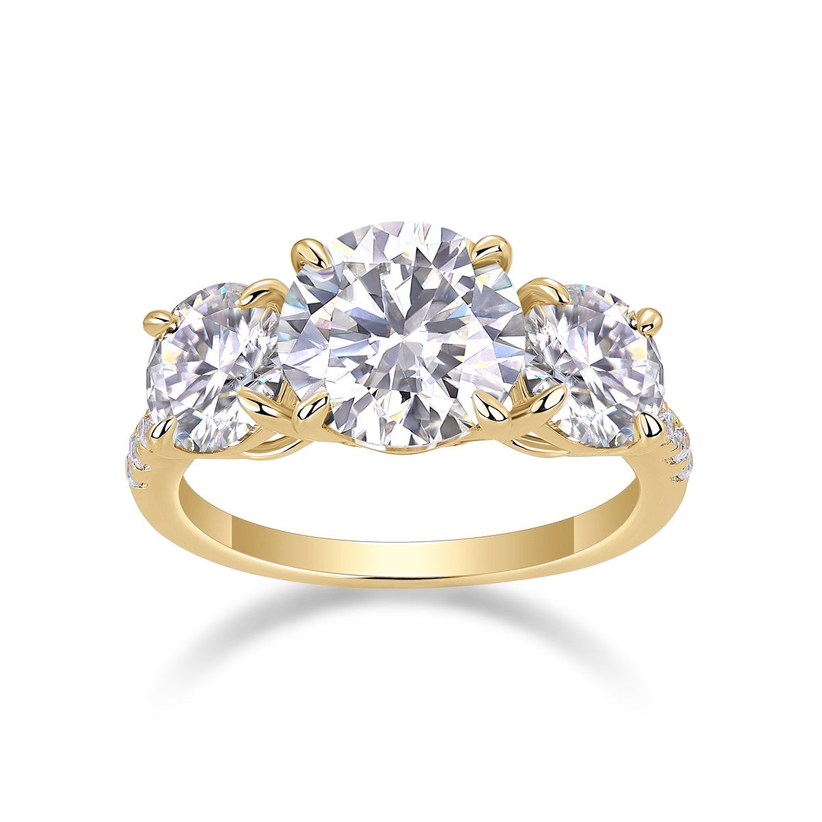 Irene Round Moissanite Three Stone Engagement Ring in 18K yellow gold plating, front view