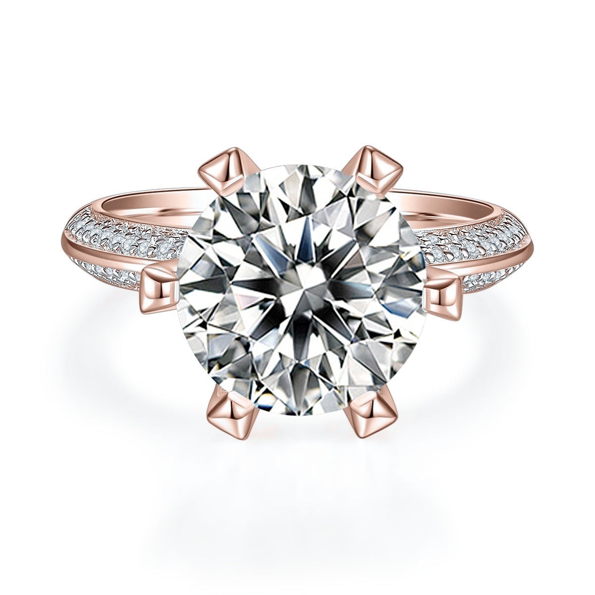 Irina Round Moissanite Claw Prong Pavé Engagement Ring in 18K rose gold plating, front view