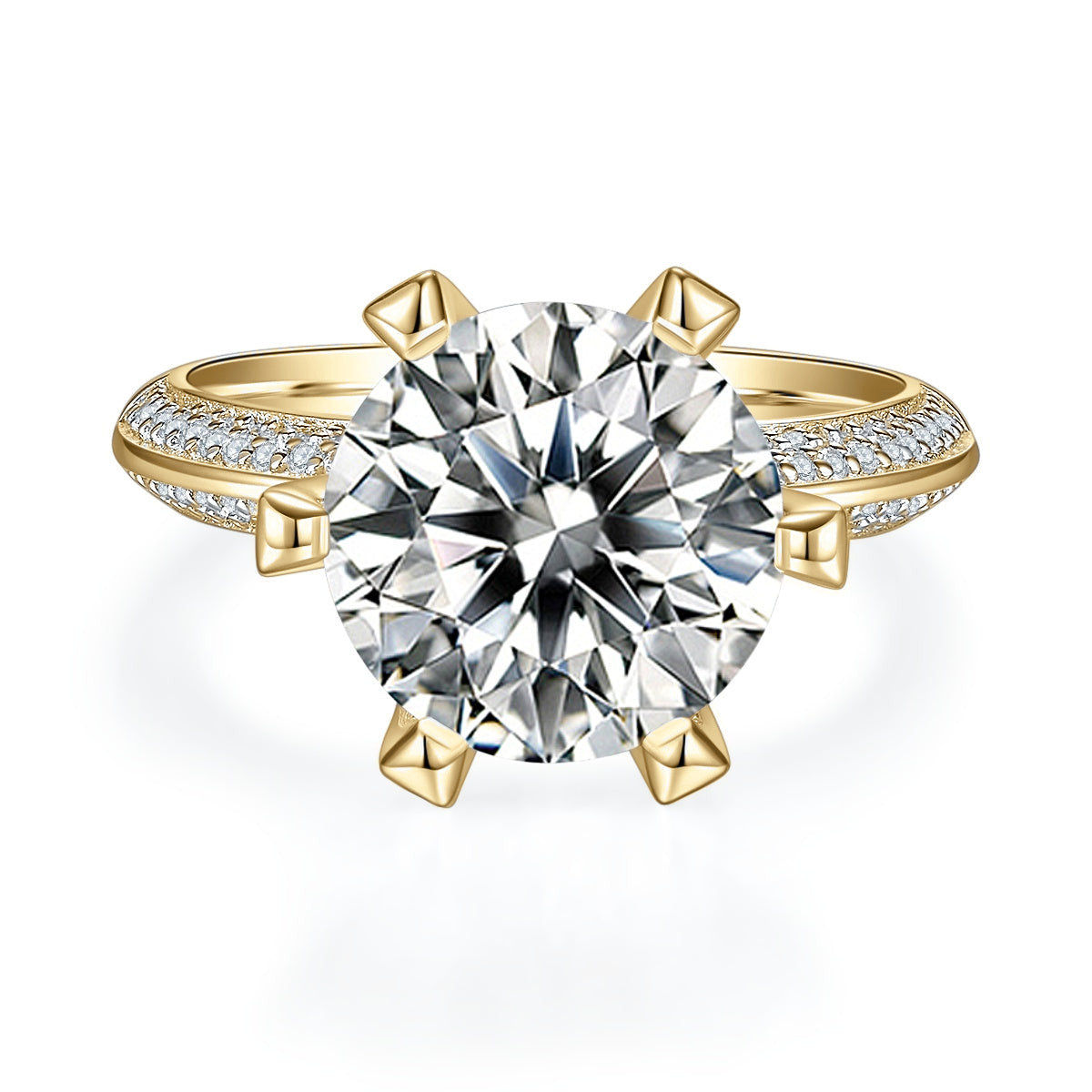 Irina Round Moissanite Claw Prong Pavé Engagement Ring in 18K yellow gold plating, front view
