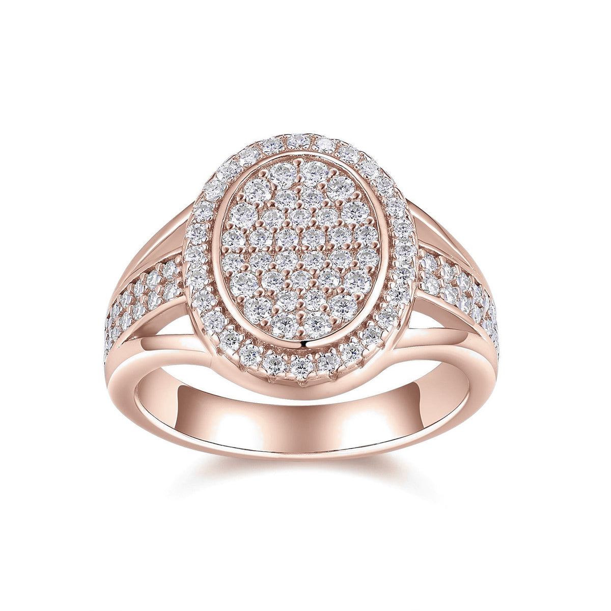 Iris Oval Moissanite Cluster Ring in 18K rose gold plating, front view