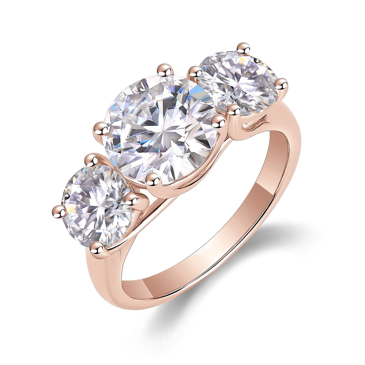 Isabel Round Moissanite Three Stone Engagement Ring in 18K rose gold plating, front view