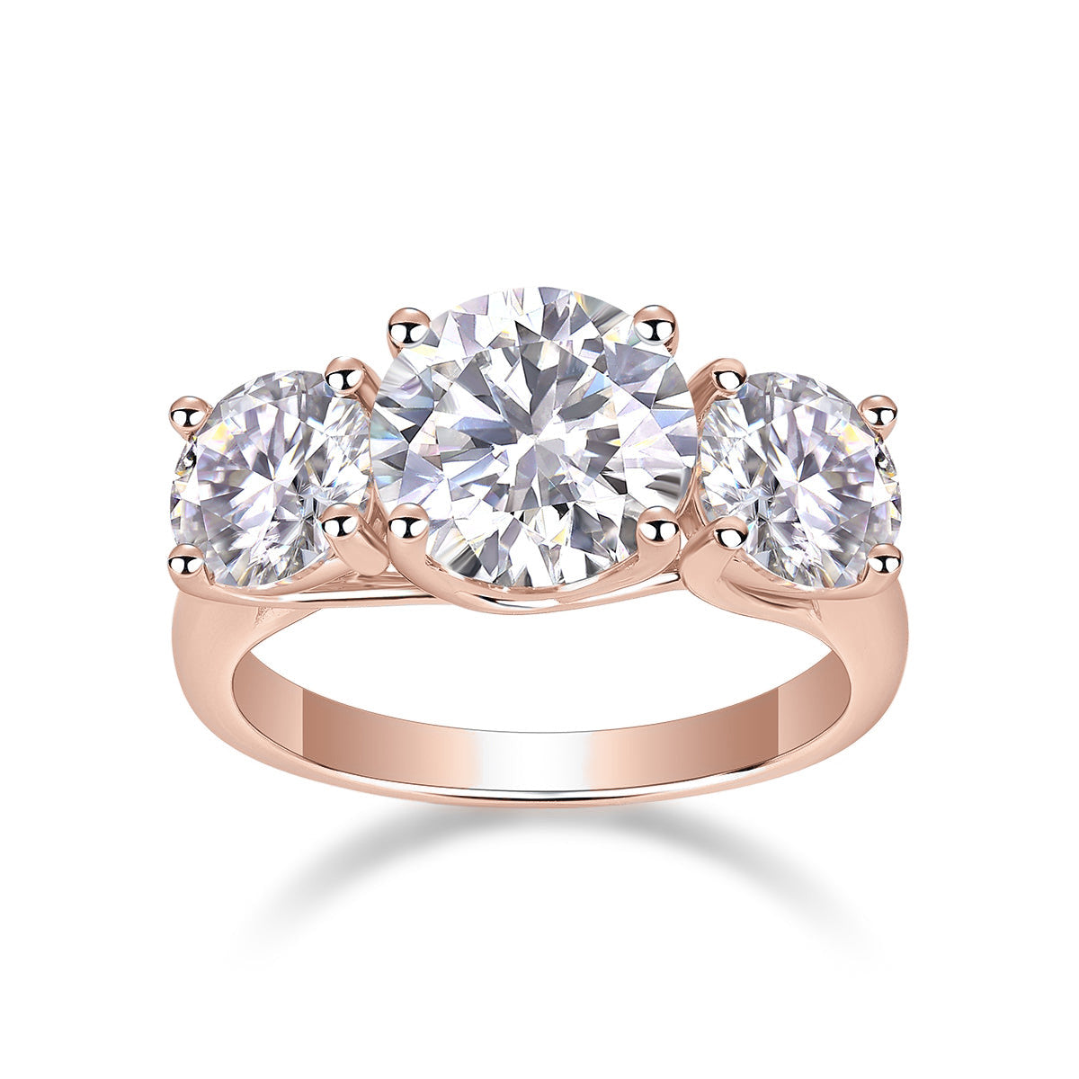 Isabel Round Moissanite Three Stone Engagement Ring in 18K rose gold plating, front view
