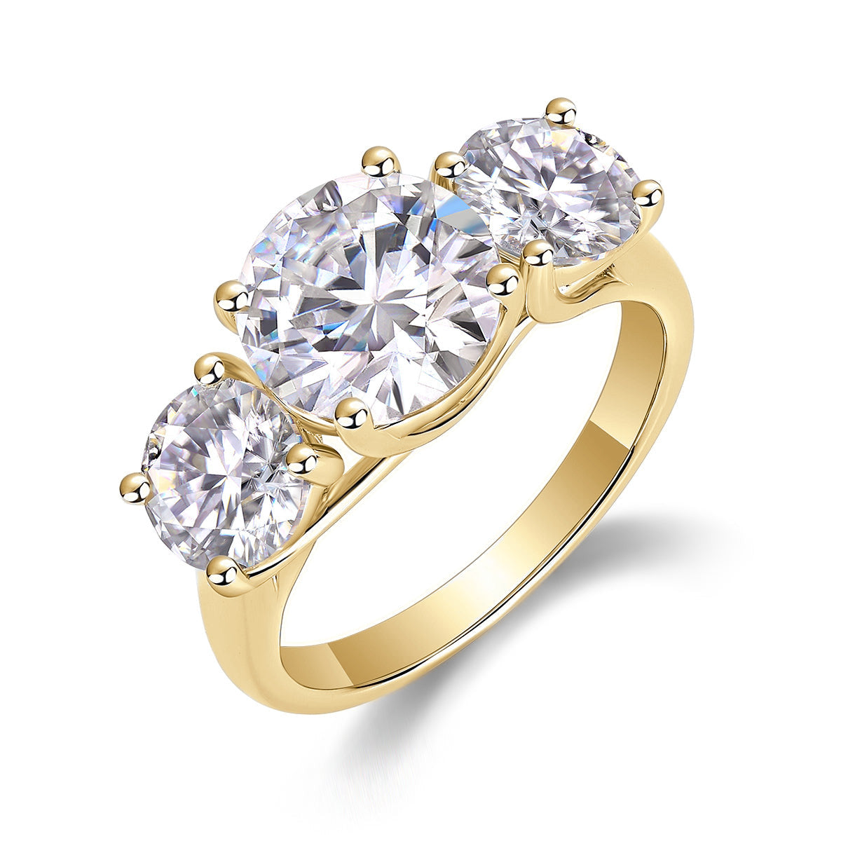 Isabel Round Moissanite Three Stone Engagement Ring in 18K yellow gold plating, front view