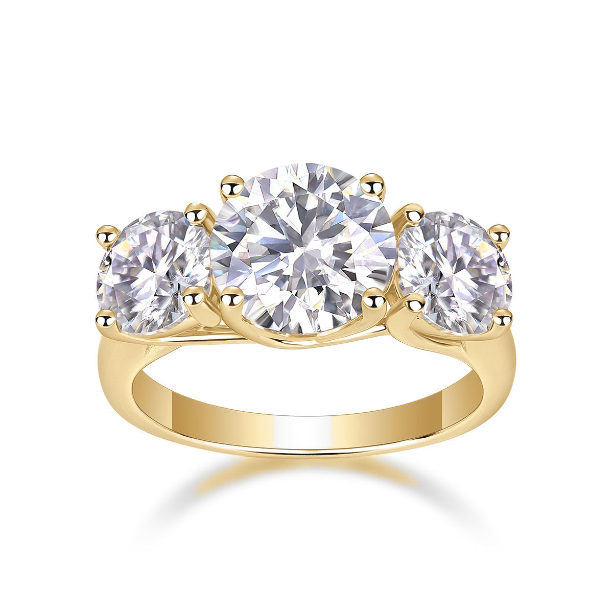 Isabel Round Moissanite Three Stone Engagement Ring in 18K yellow gold plating, front view