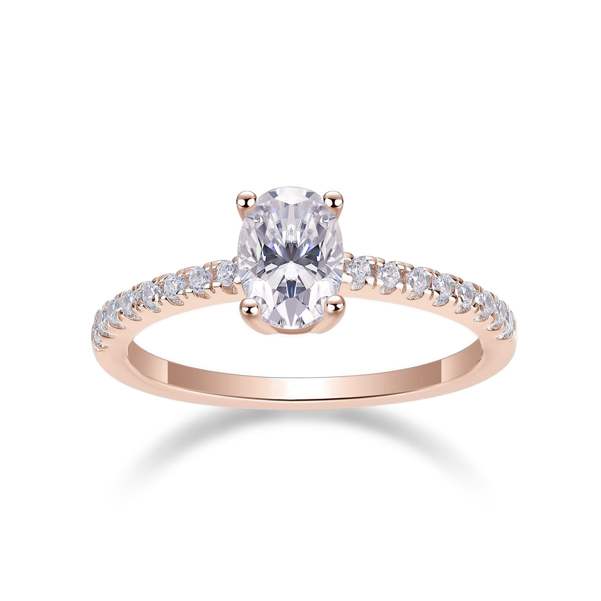 Jade Oval Moissanite Solitaire Engagement Ring in 18K rose gold plating, front view