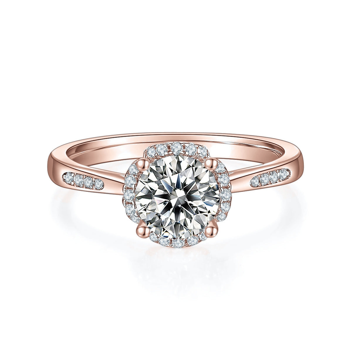 Janelle Round Moissanite Halo Engagement Ring in 18K rose gold plating, front view
