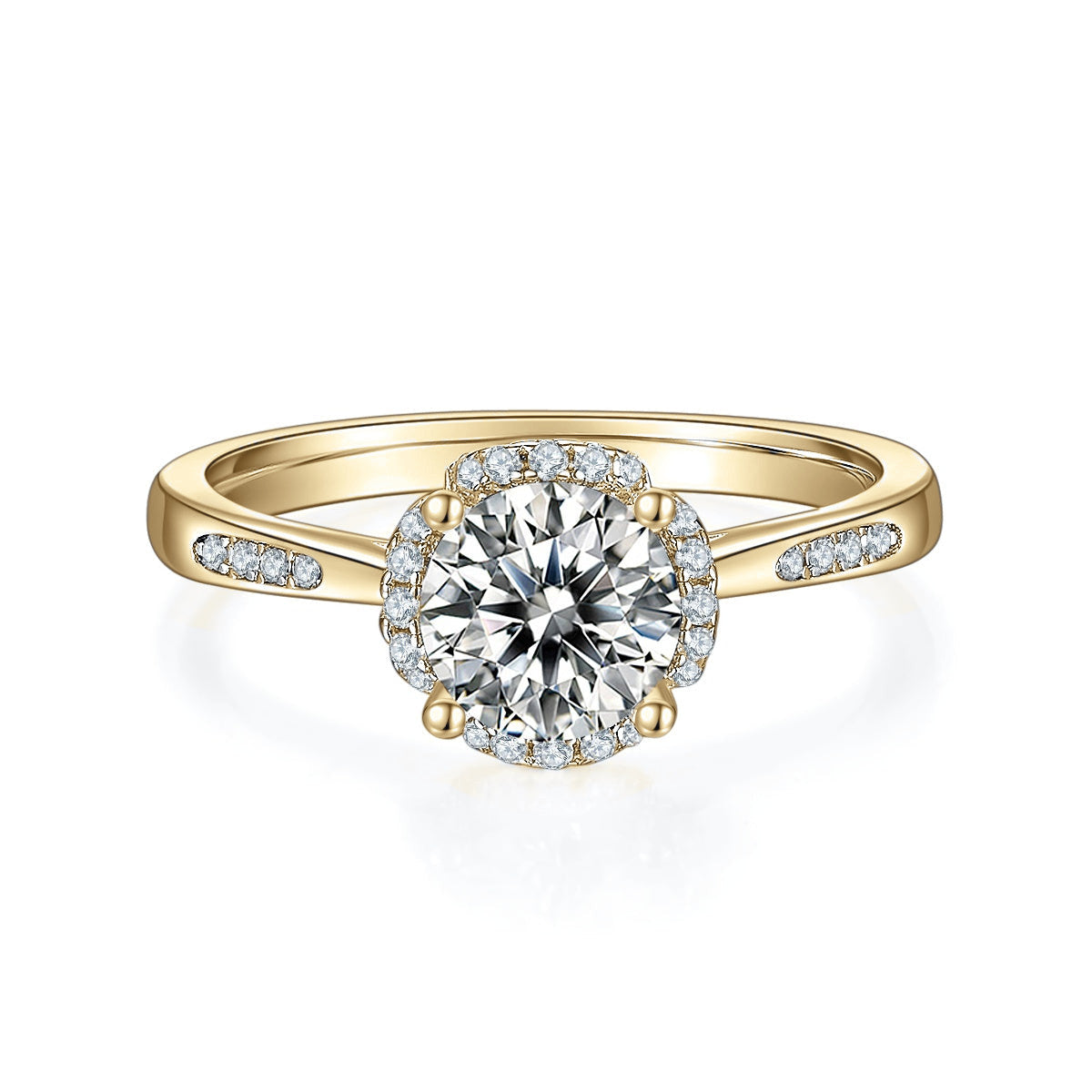 Janelle Round Moissanite Halo Engagement Ring in 18K yellow gold plating, front view