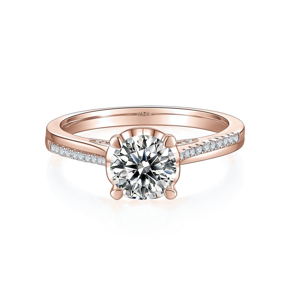 Jasmine Round Moissanite Solitaire Engagement Ring in 18K rose gold plating, front view