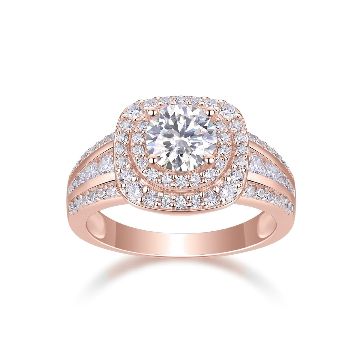 Jenna Round Moissanite Double Halo Engagement Ring in 18K rose gold plating, front view
