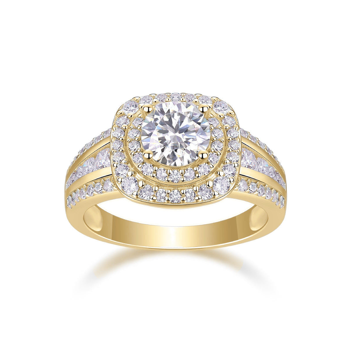 Jenna Round Moissanite Double Halo Engagement Ring in 18K yellow gold plating, front view