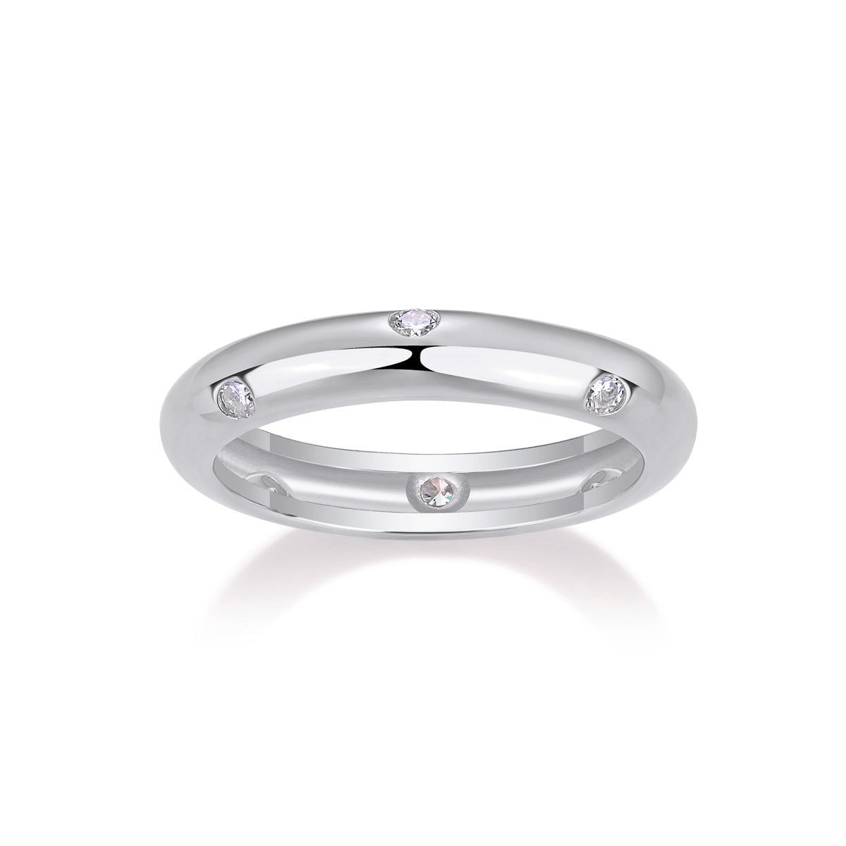Jessa Round Moissanite Flush Set Eternity Band in 18K white gold plating, front view