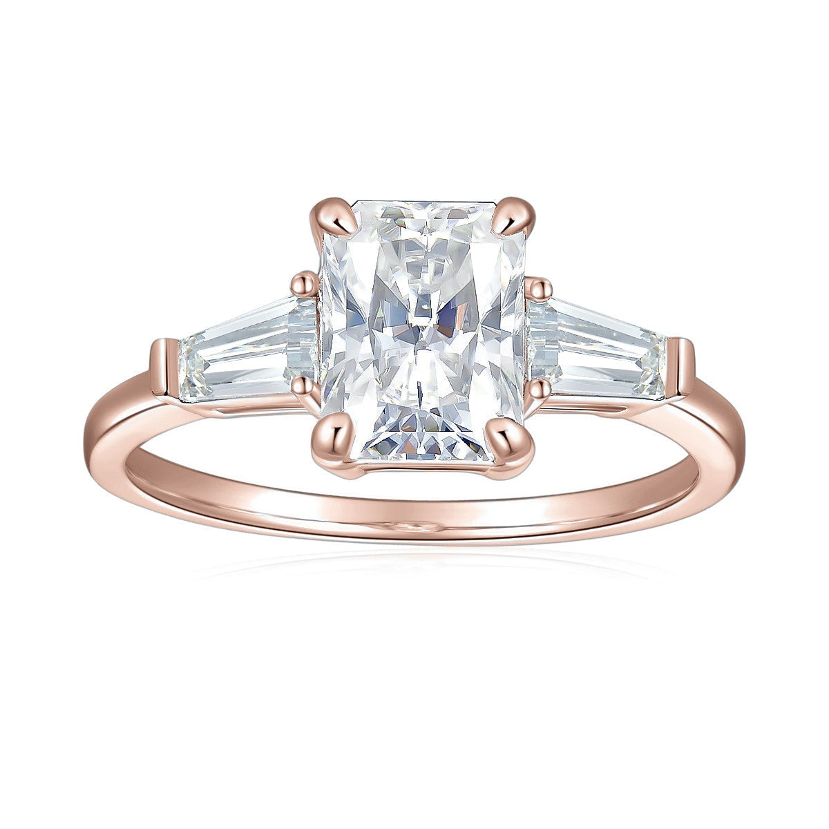 Joy Radiant Cut Moissanite Three Stone Engagement Ring in 18K rose gold plating, front view