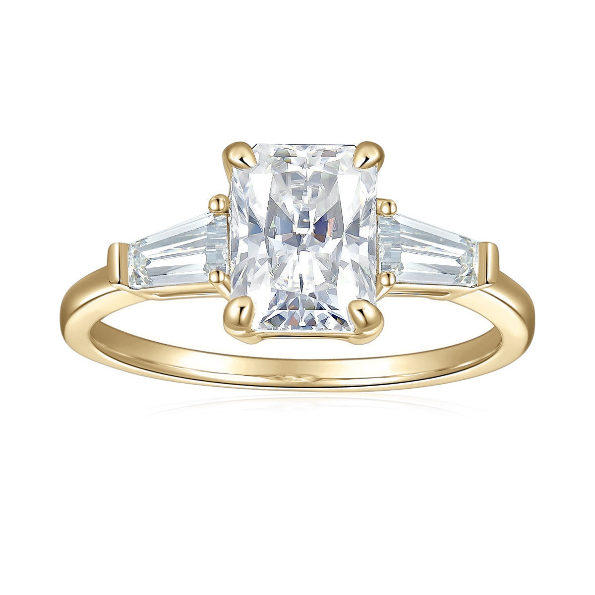 Joy Radiant Cut Moissanite Three Stone Engagement Ring in 18K yellow gold plating, front view