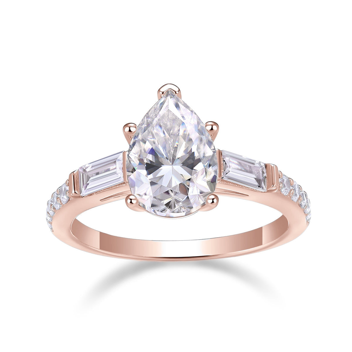 Juliet Pear Moissanite Three Stone Engagement Ring in 18K rose gold plating